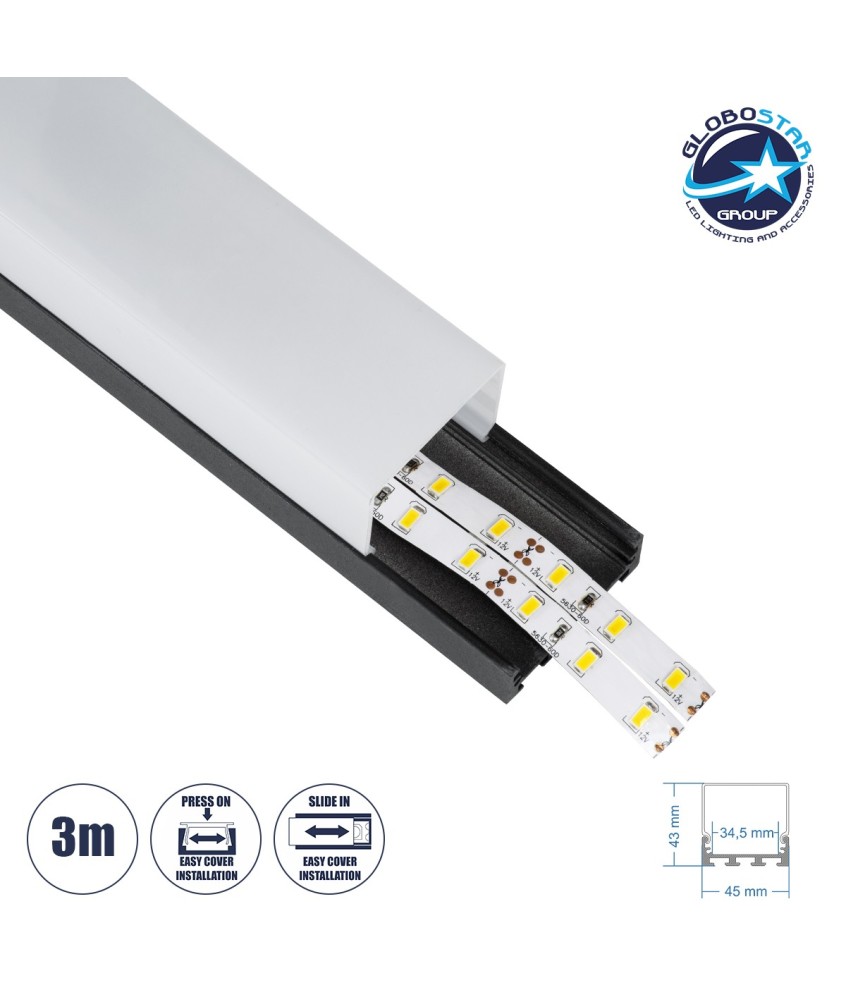 GloboStar® SURFACEPENDANT-PROFILE 70866-3M Προφίλ Αλουμινίου - Βάση & Ψύκτρα Ταινίας LED με Λευκό Γαλακτερό Κάλυμμα - Επιφανειακή & Κρεμαστή Χρήση - Πατητό Κάλυμμα - Μαύρο - 3 Μέτρα - Μ300 x Π4.5 x Υ4.2cm